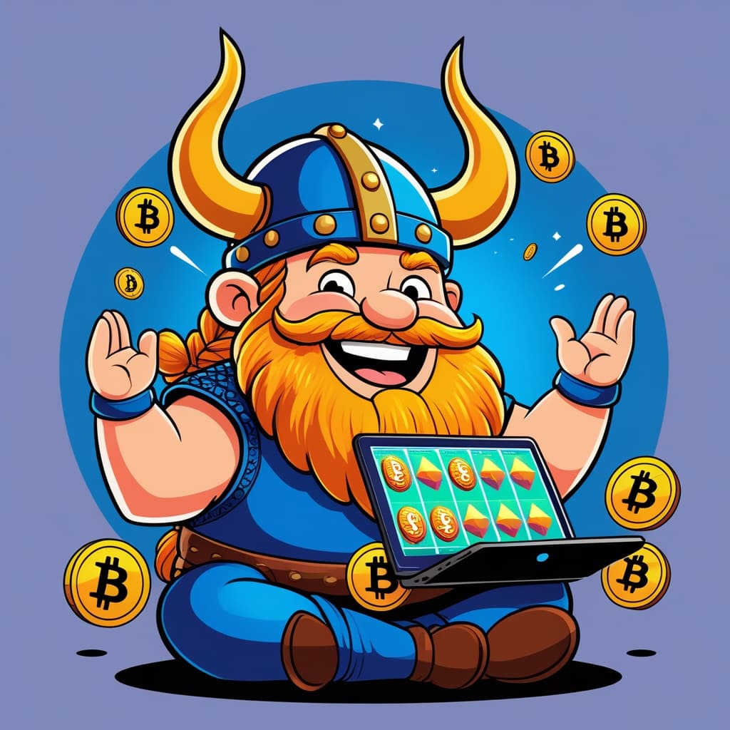 Viktor the Viking mascot playing at an online crypto casino on his laptop